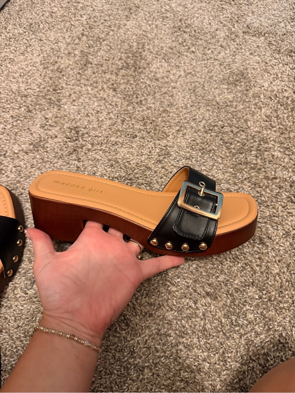 Madden Girl Black Buckle Stud Platform Slide